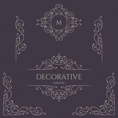 Monogram and borders, frames for cards, invitations, menus, labels.  Graphic design pages, business sign, boutiques, cafes, hotels. Classical elements.