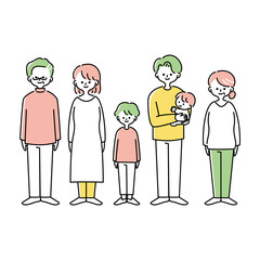 正面を向いて立つ三世代家族のイラスト