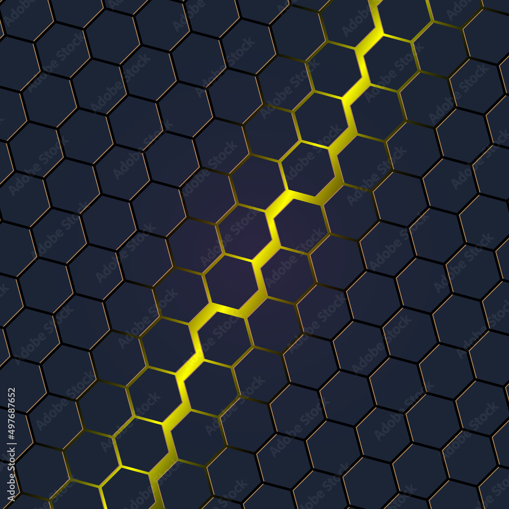 Poster black hexagons over yellow background. abstract dark game background.