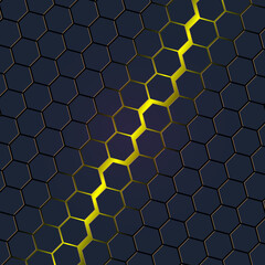 Black hexagons over yellow background. Abstract dark game background.