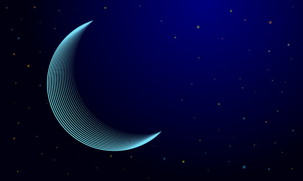 Blue moon in dark background with stars.