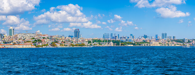 Istanbul, Turkey - September 2019: Panorama of the modern European side; Istanbul cityscape on the...
