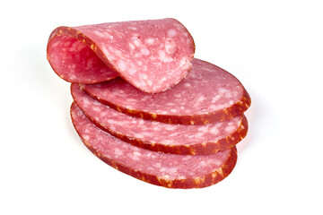 Salami sausage slices, isolated on white background.