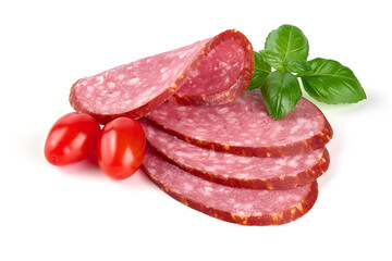 Salami sausage slices, isolated on white background.