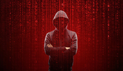 Wanted Hacker is Coding Virus Ransomware Using Abstract Binary Code. Cyberattack, System Breaking...