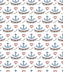 Doodle festive seamless pattern. Hand drawn cartoon style design illustration, marine life objects, symbols. Blue, yellow, red color palette. White color background. Vector