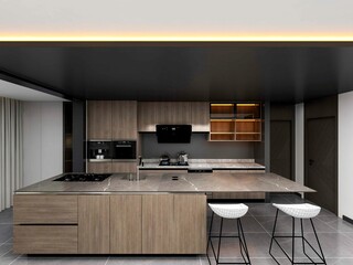 3D rendering, spacious dining room design next to the modern kitchen, with a beautiful dining table and greenery