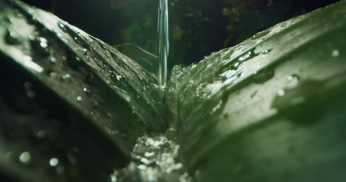 Alternative macro shot of exotic leaf details with falling drops while raining on tropical rainforest nature foliage background.