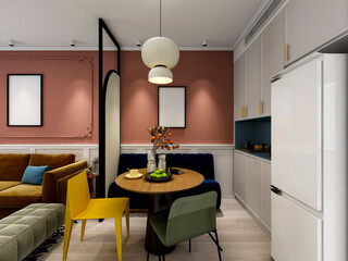 3D rendering, spacious dining room design next to the modern kitchen, with a beautiful dining table and greenery