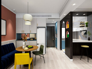 3D rendering, spacious dining room design next to the modern kitchen, with a beautiful dining table and greenery