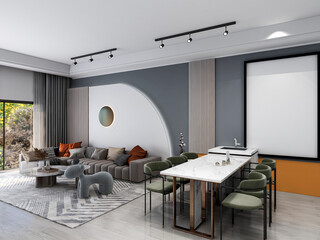 3D rendering, spacious dining room design next to the modern kitchen, with a beautiful dining table and greenery