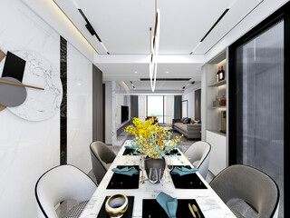 3D rendering, spacious dining room design next to the modern kitchen, with a beautiful dining table and greenery