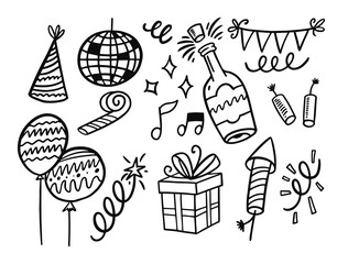 Celebration doodle elements set. Hand drawn black color vector illustration.