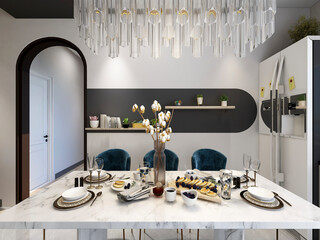 3D rendering, spacious dining room design next to the modern kitchen, with a beautiful dining table and greenery