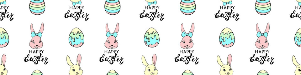 Happy Easter-Vector seamless pattern with inscriptions, eggs, simple color drawings of faces of cute rabbits in doodle flat style. Holiday background and texture