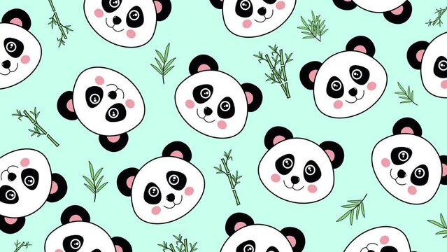 A cute panda bears and bamboo animated pattern design. Bear motional texture panda polar bear bamboo repeated wallpaper background cartoon face character pastel gree color background Animals animation