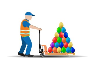 Manual hydraulic pallet truck with multi-colored Easter eggs, the worker moves the load. Happy easter.