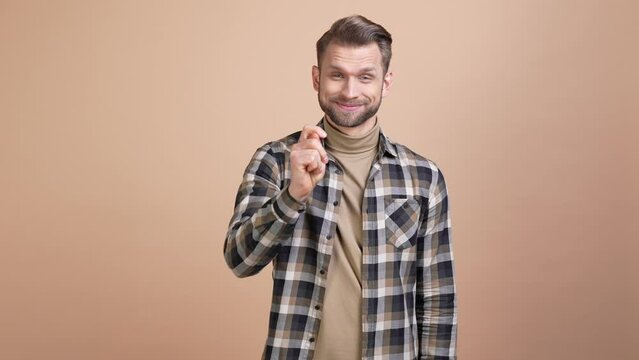 Guy make fig sign refuse give friend money isolated pastel color background