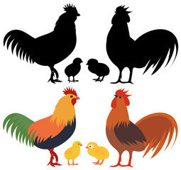 rooster and chicks flat design, isolated, vector