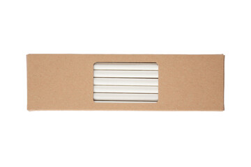 Mockup image of white drinking paper straws in kraft paper box isolated on white background. Biodegradable drinking straws. Sustainable lifestyle and zero waste concept