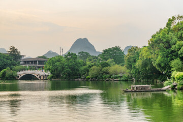 Evening view of a lake in city park in Guilin, China