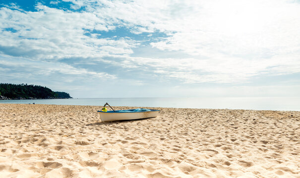 Boat on the beach, travel to asia, tropical island, empty clean beach in summer seson