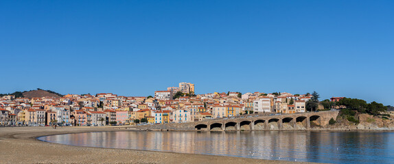 Pastel coloured apartment buildings in the village of Banyuls-sur-Mer, Pyrenees-Orientales, France