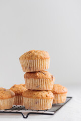 Vanilla fresh baked muffins on a white table with nuts and berries