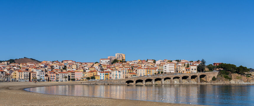 Pastel coloured apartment buildings in the village of Banyuls-sur-Mer, Pyrenees-Orientales, France