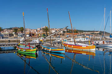 Traditional Catalan fishing boats in the port of Banyuls-sur-Mer in southern France - obrazy, fototapety, plakaty
