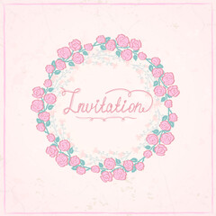 Invitation card, hand drawn graphic floral frame with pink roses