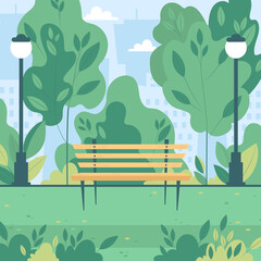 Flat vector illustration of a summer green alley in a city park with a bench