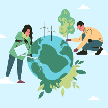 Flat vector illustration ecology. Young people care for the planet greener
