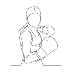 Continuous single line drawing of sporty boxer woman punching use gloves vector illustration