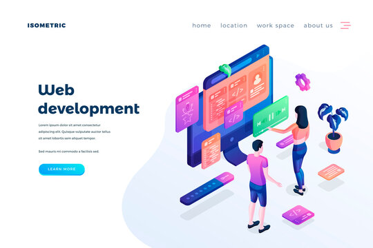 Web development landing page vector template. Software engineering, coding website homepage interface idea with isometric illustration. Programming, script writing webpage 3D cartoon concept