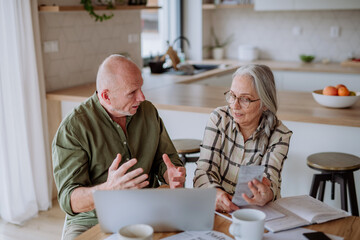 Stressed senior couple calculate expenses or planning budget together at home.