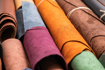 The pieces of the colored leathers. Raw materials for manufacture of bags, shoes, clothing and...