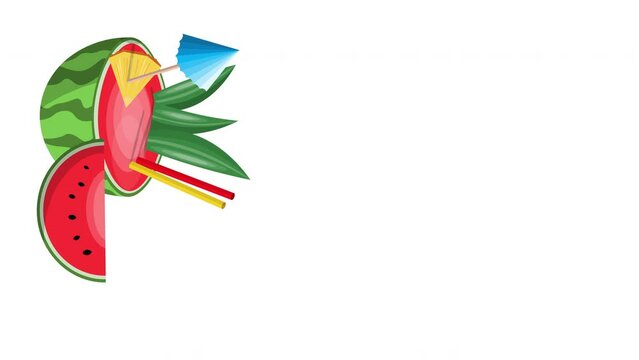 Animated Fresh and Natural Watermelon Juice with Two Straws Decorated with Green Leaves Umbrella and Pineapple Slice Fresh Juice in Vacation or Spa Time. Summer Time Social Media Vertical Template.