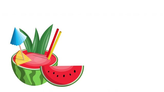 Animated Fresh and Natural Watermelon Juice with Two Straws Decorated with Green Leaves Umbrella and Pineapple Slice Fresh Juice in Vacation or Spa Time. Summer Time and Holiday Chilling Background.