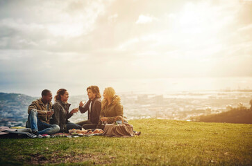 Far from the noise of the city. Shot of a group of young friends having fun at a picnic.