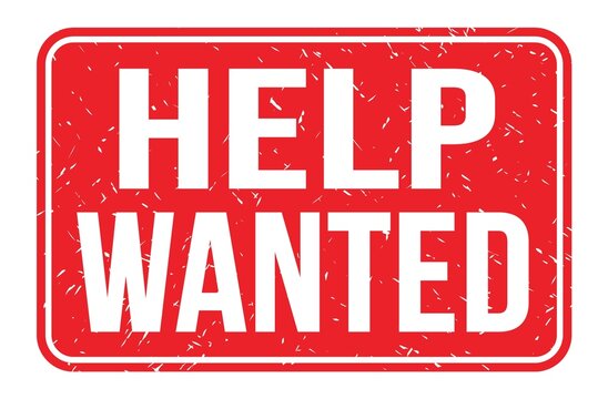 HELP WANTED, words on red rectangle stamp sign