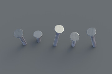 Rows of hammered metal nails on gray background. Building equipment. Tool for repair, renovation. 3d render