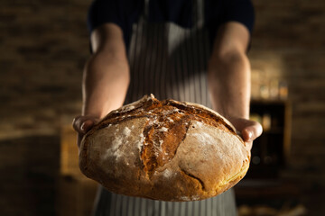 Cinematic macro shot of professional artisan baker is showing in camera just prepared fresh whole grains white bread taken out of oven in rustic bakery kitchen.