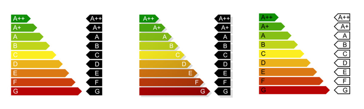 Energy efficiency rating. European union ecological class for label. Set of energy efficiency classes from A++ to G. Energy Rating Graph with arrows.