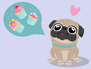 Greeting card, banner, icon. Birthday card. Pug on purple background with sweet cupcakes. Happy Birthday. 