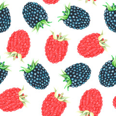 Raspberry and blackberry seamless pattern. Watercolor illustration. Isolated on a white background.