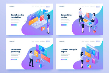 Obraz na płótnie Canvas Company development isometric landing page templates set. Social media marketing, coworking centre, advanced planning, market analysis expert. Working firm employees cartoon characters