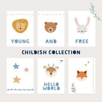 Cartoon cute animals baby card collection with text