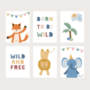 Cartoon cute animals baby card collection with text