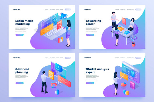 Company development isometric landing page templates set. Social media marketing, coworking centre, advanced planning, market analysis expert. Working firm employees cartoon characters